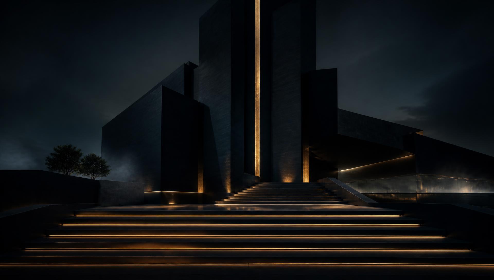 Dark monumental architecture illuminated by precise gold light
